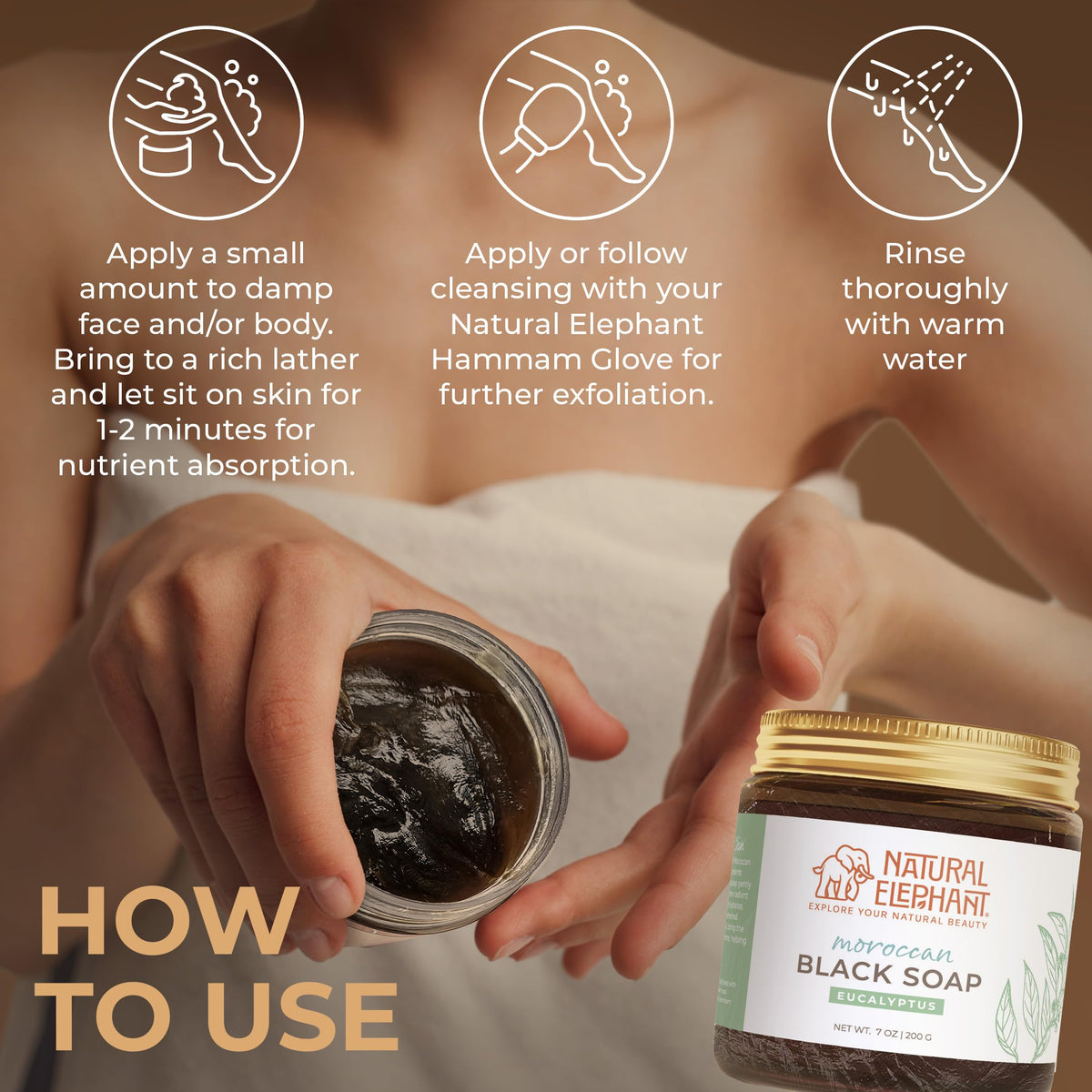Natural Elephant Moroccan Black Soap packaging emphasizes 100% natural, fragrance-free care.