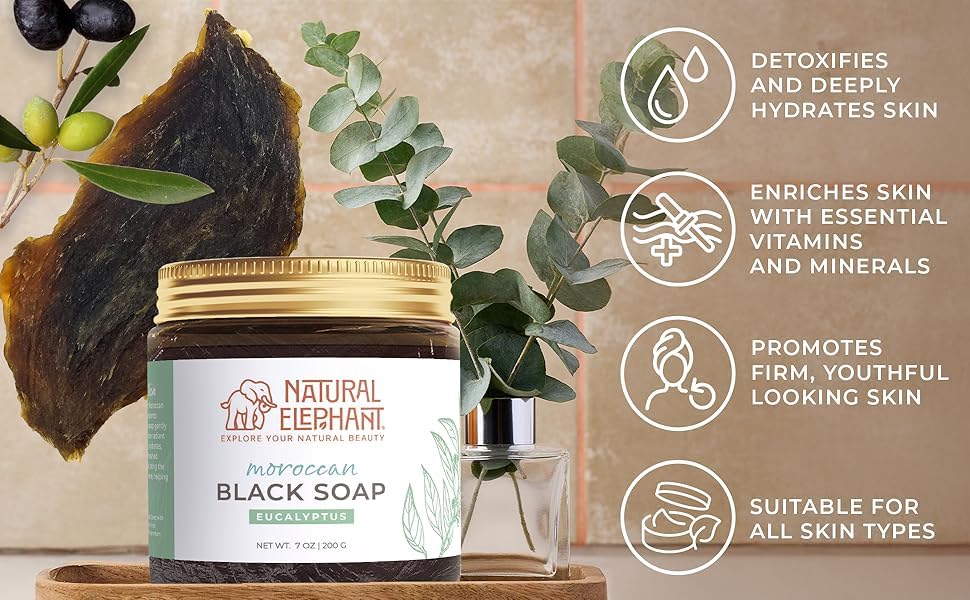 Natural Elephant Moroccan Black Soap texture shows a silky olive oil-based paste.