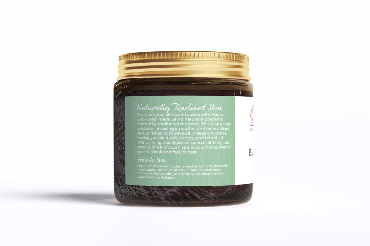 Natural Elephant Moroccan Black Soap with towel hints at at-home self-care.