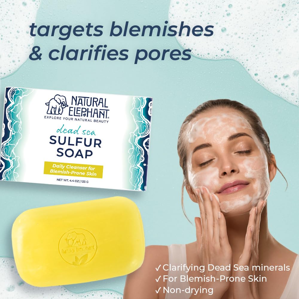 Natural Elephant sulfur soap bar close-up showing rich lather for daily cleansing.