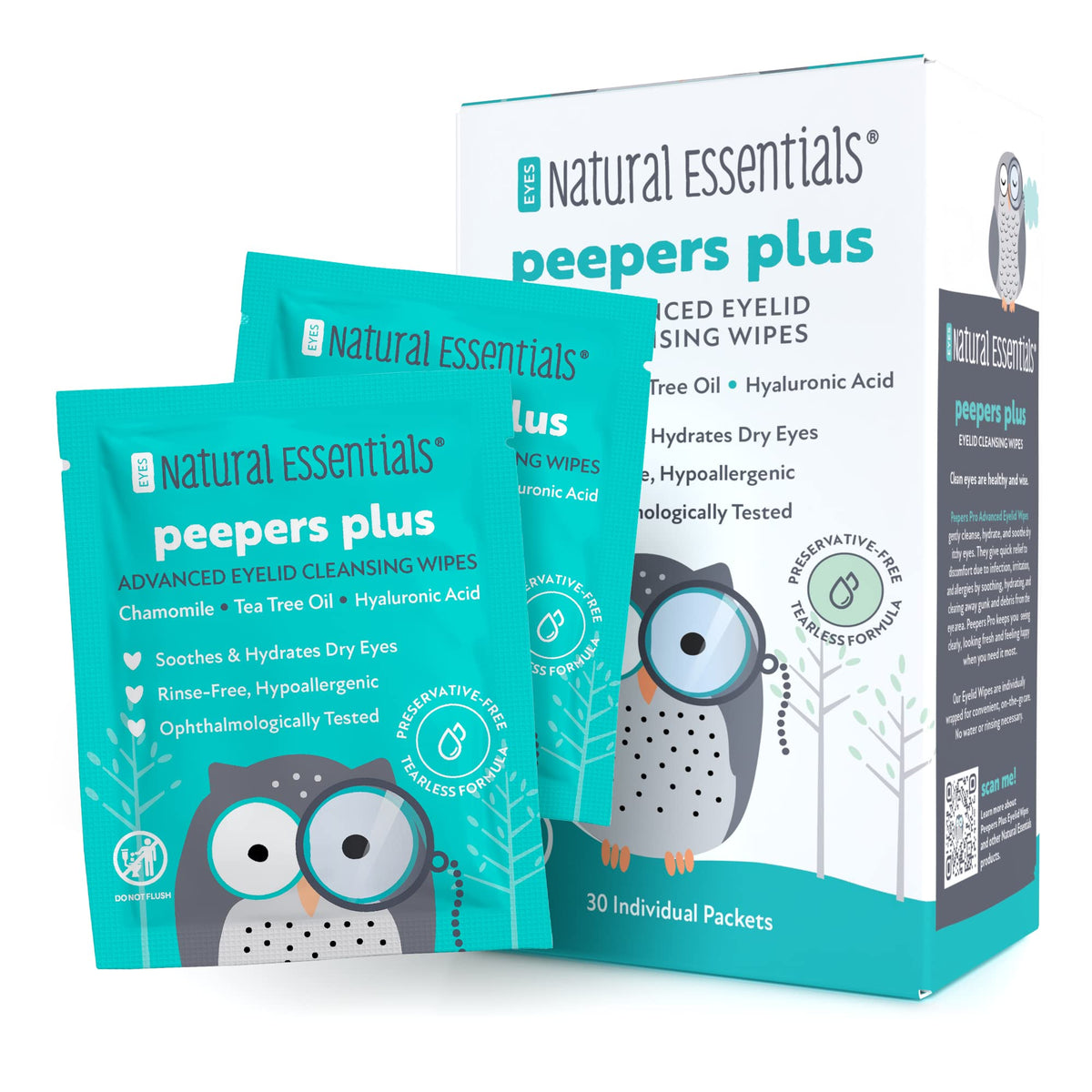Natural Essentials Peepers Plus eye wipes packaging for convenient daily care.