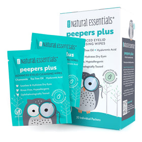 Natural Essentials Peepers Plus eye wipes packaging for convenient daily care.