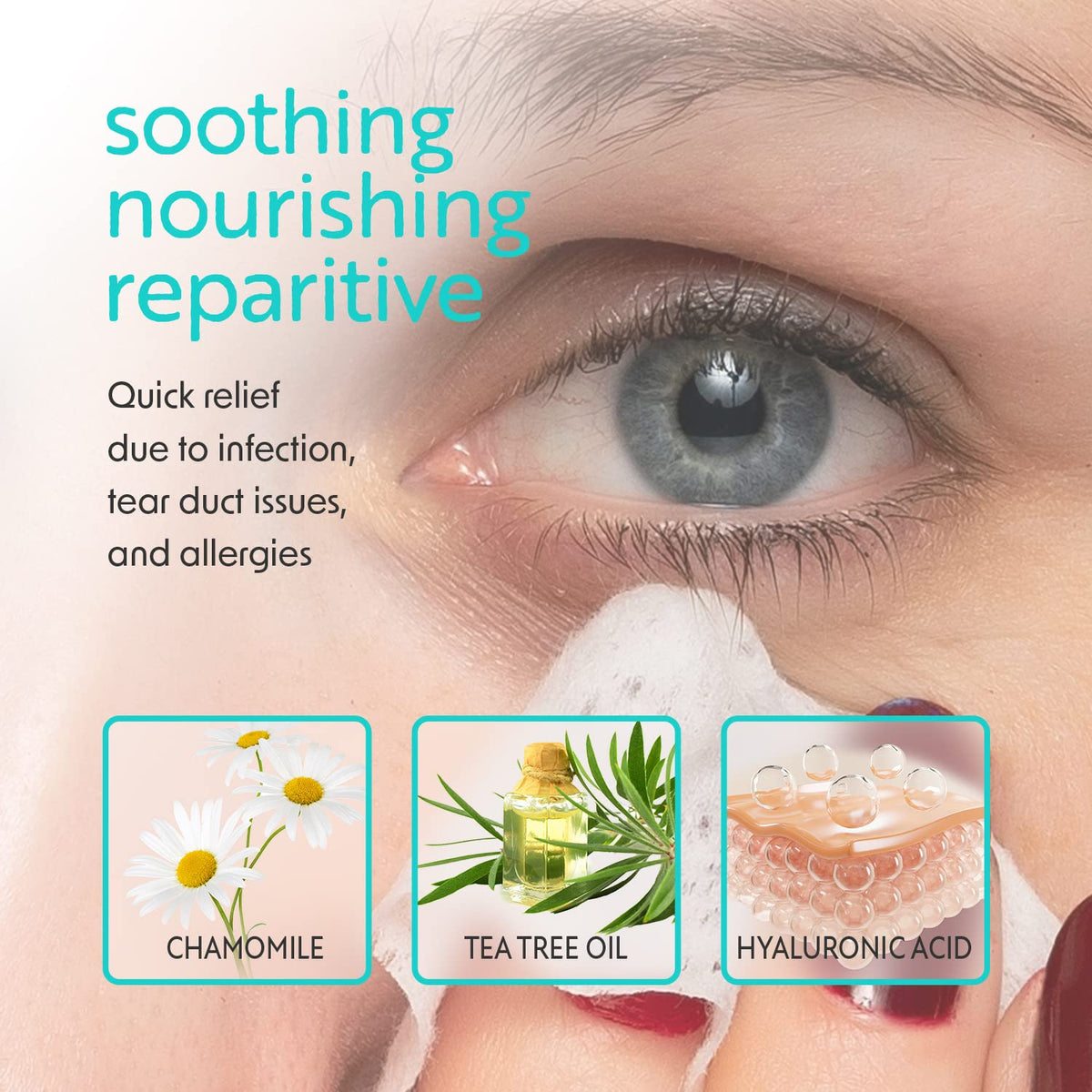 Natural Essentials Peepers Plus with hyaluronic acid and tea tree oil promotes moisture.