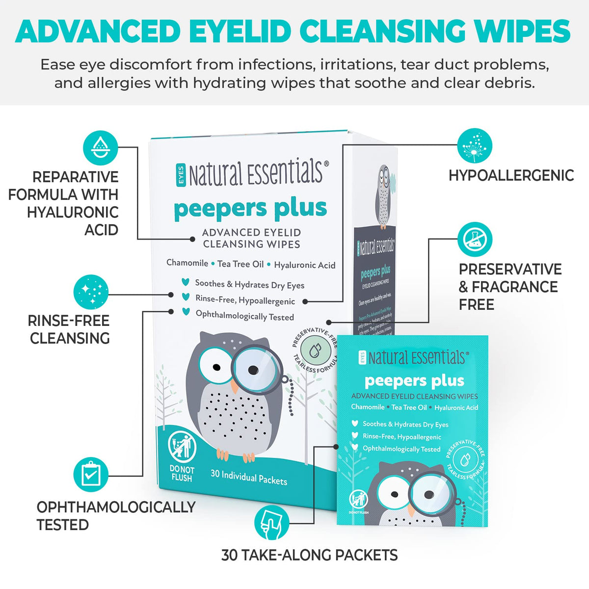 Natural Essentials Peepers Plus wipes close-up showing soft cloth.