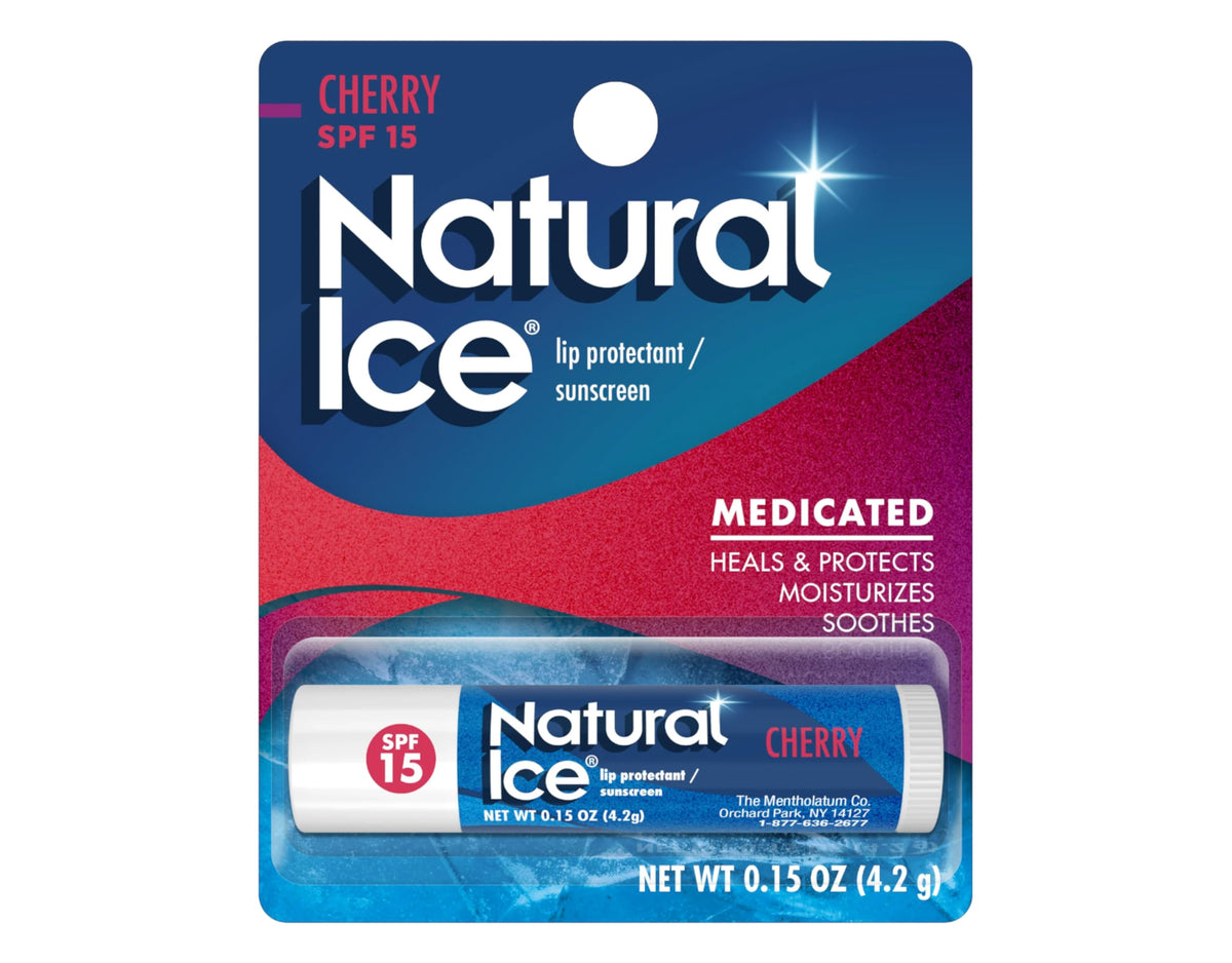 Outdoor winter scene with Natural Ice Cherry SPF 15 lip balm handy