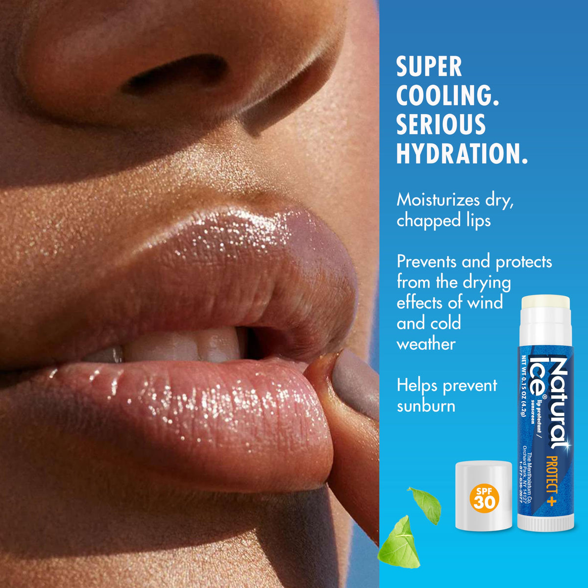 Natural Ice Sport Lip Balm tube closeup shows rich moisture and glide