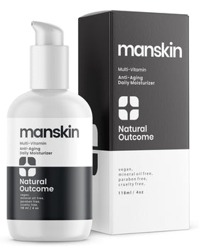 Natural Outcome Man Skin moisturizer bottle pouring for instant hydration.