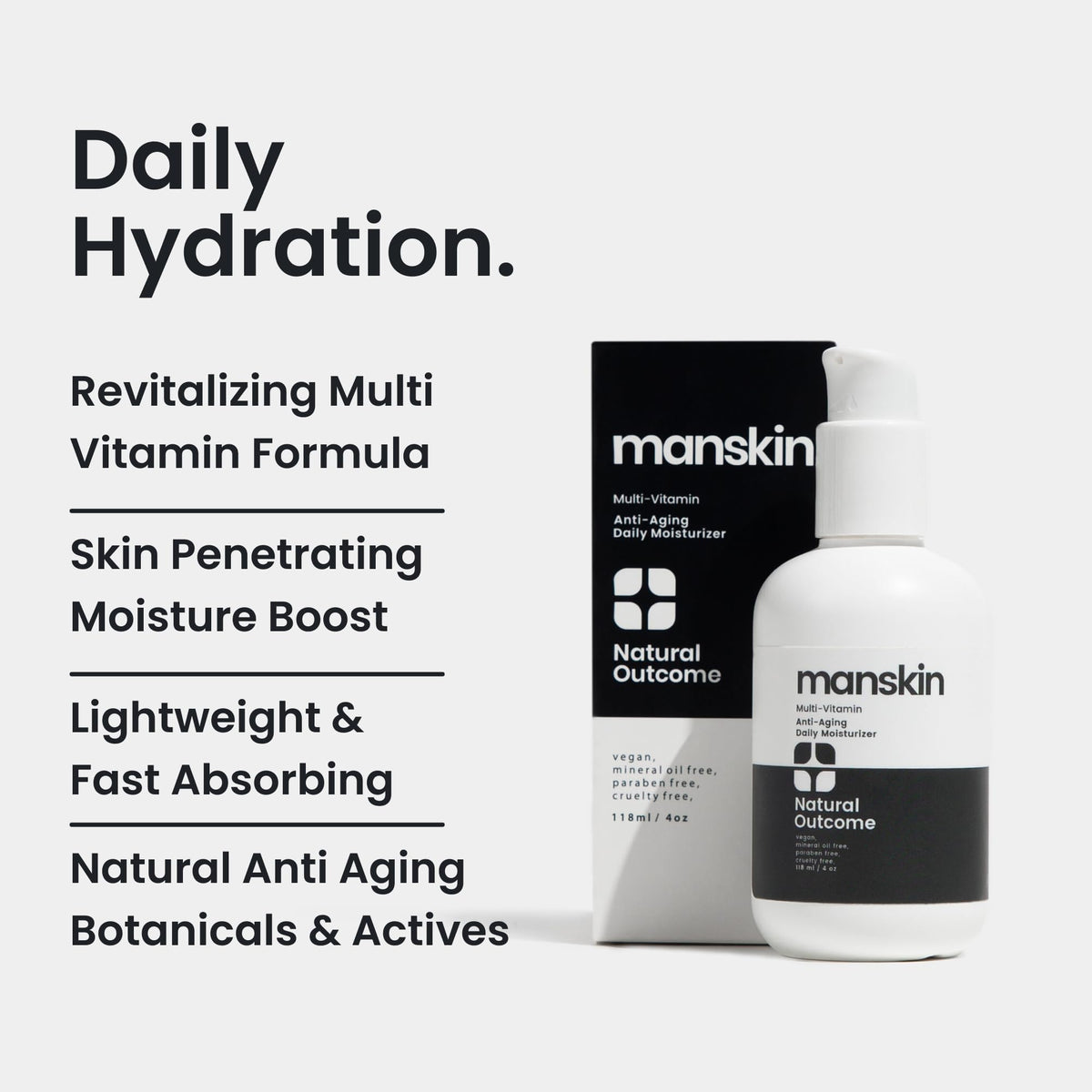 Natural Outcome Man Skin cream jar close-up highlighting anti-aging benefits.