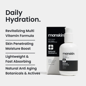 Natural Outcome Man Skin cream jar close-up highlighting anti-aging benefits.