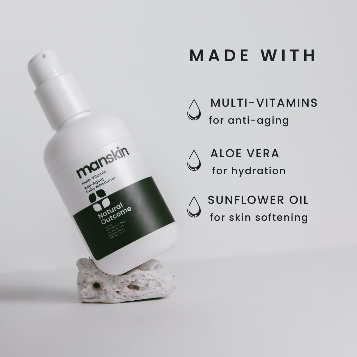 Natural Outcome Man Skin ingredient close-up showing hyaluronic acid and vitamin E.
