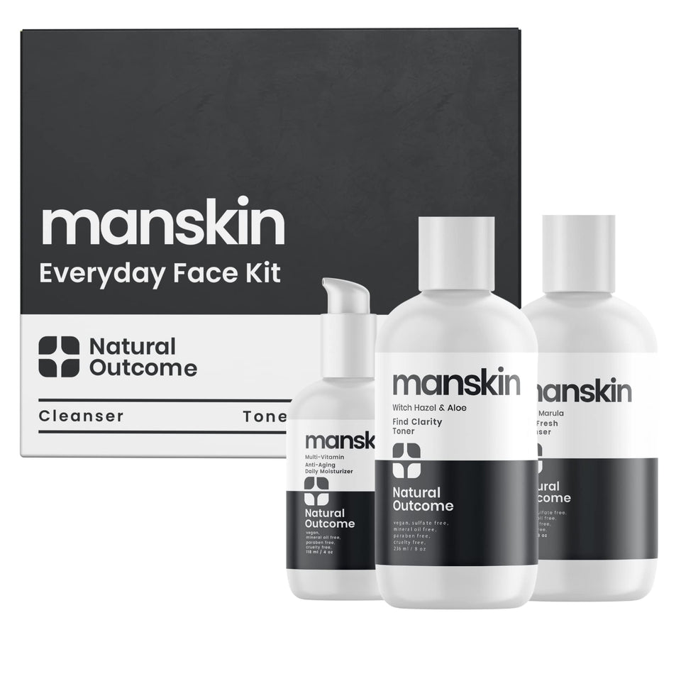 Natural Outcome mens skin care kit box front, premium gift-ready packaging.