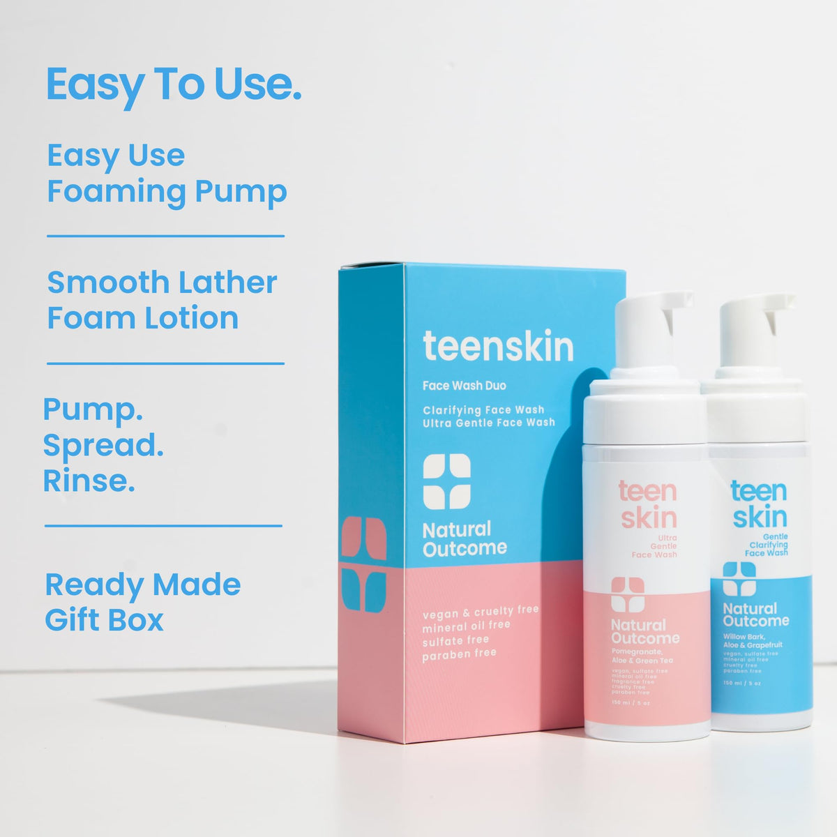 Natural Outcome Teen Skin Face Wash Duo bottle back view showing ingredients and usage hints.