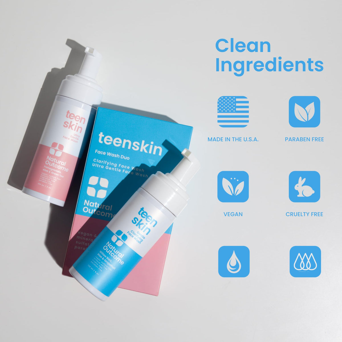 Natural Outcome Teen Skin Face Wash Duo foaming action closeup demonstrates gentle lather.