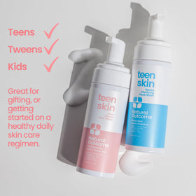 Natural Outcome Teen Skin Face Wash Duo label closeup highlighting natural ingredients.