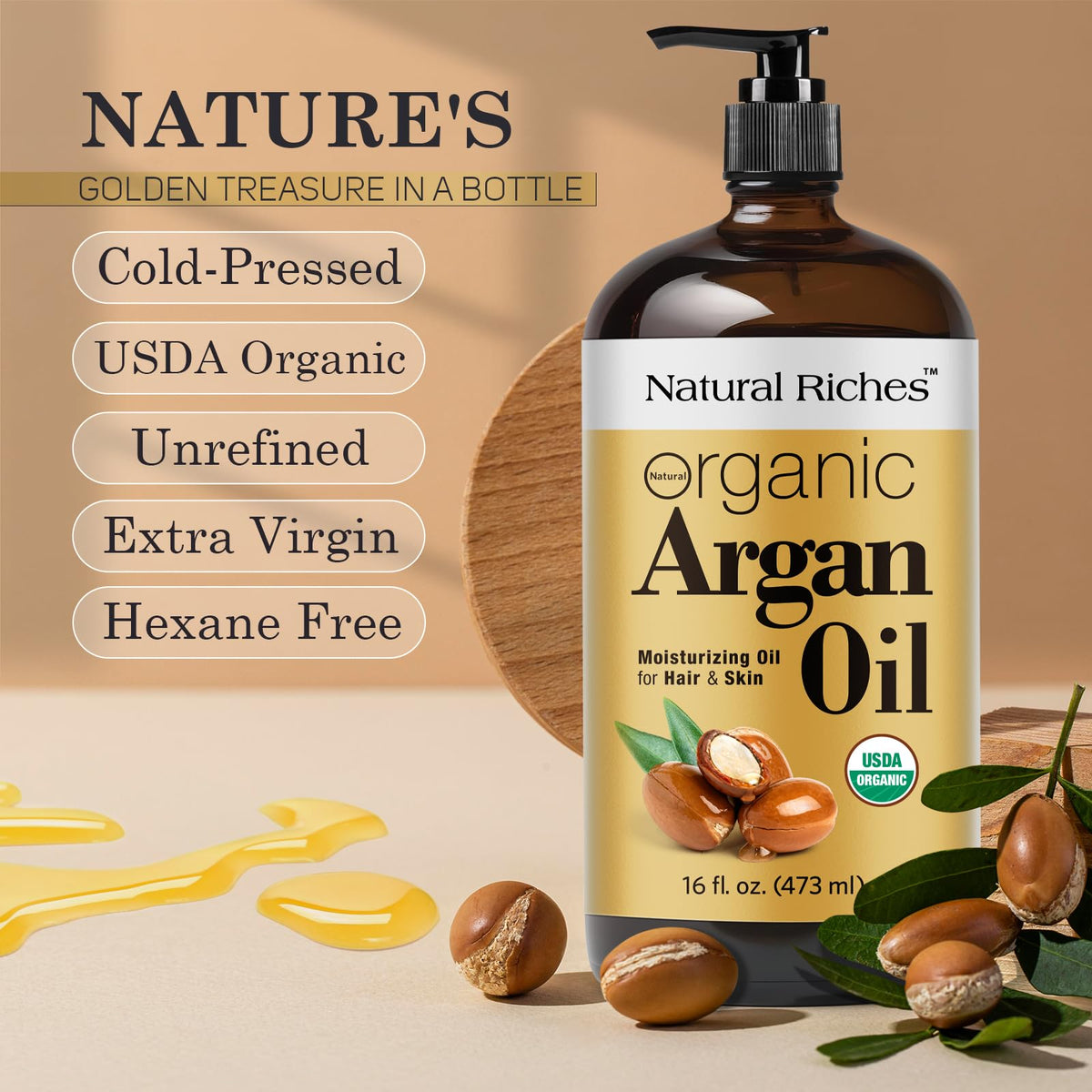 Natural Riches Argan Oil 16 oz glass bottle for hair, skin, and face care