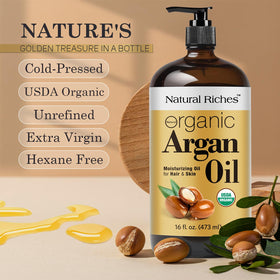 Natural Riches Argan Oil 16 oz glass bottle for hair, skin, and face care
