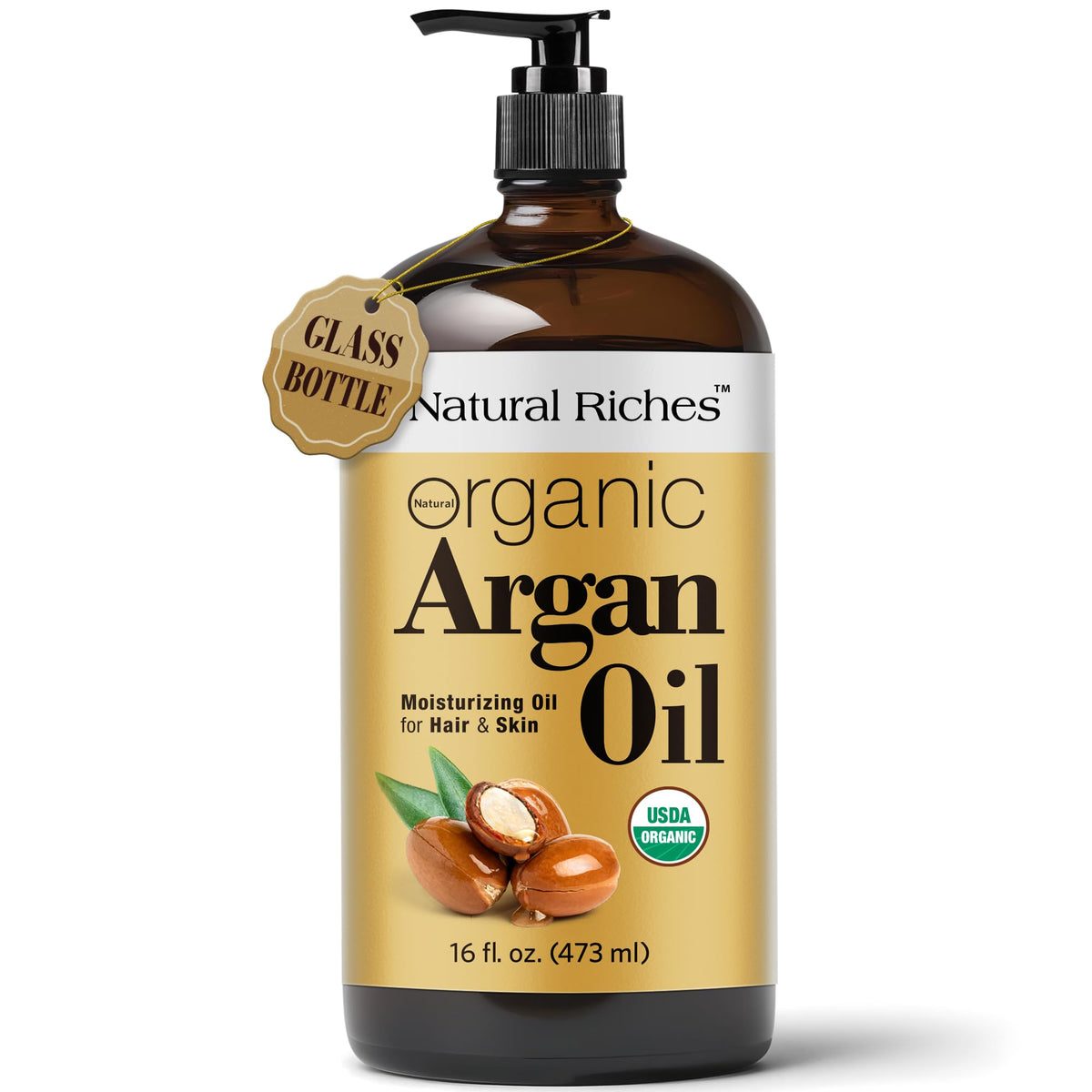 Natural Riches Argan Oil bottle in amber glass delivering premium hydration