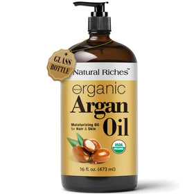 Natural Riches Argan Oil bottle in amber glass delivering premium hydration