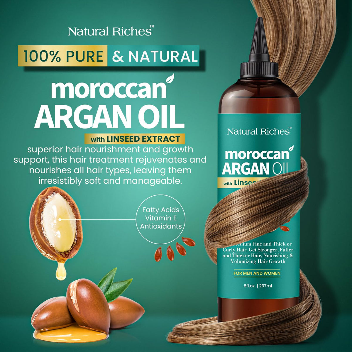Natural Riches Argan Oil with Linseed extract delivers deep hydration and frizz control.