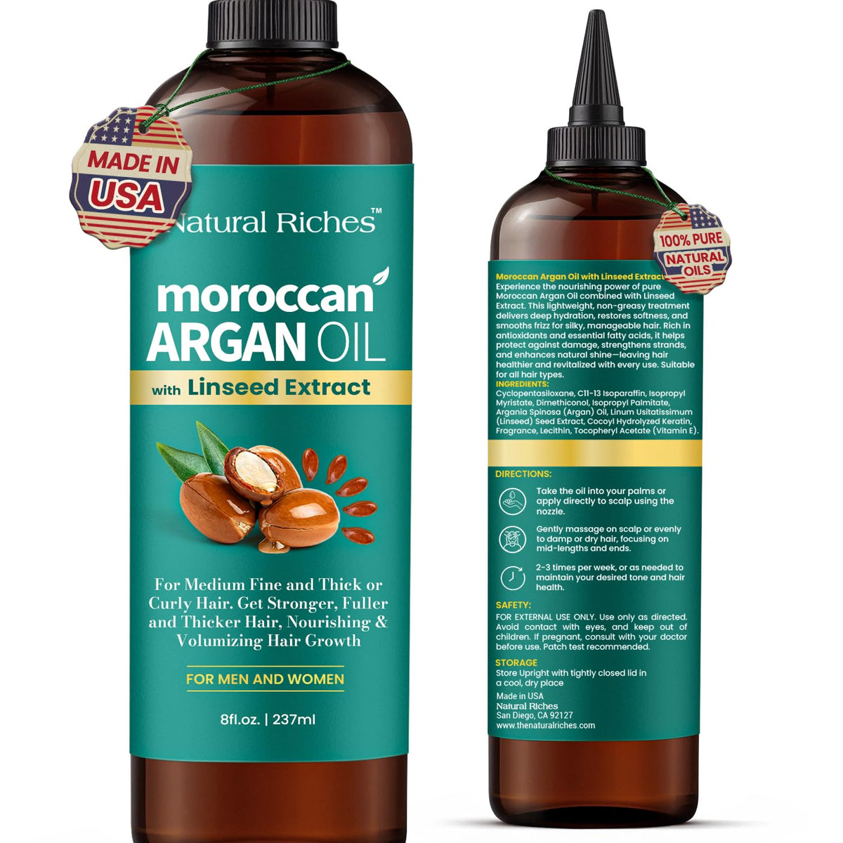 Natural Riches Moroccan Argan Oil bottle for daily hair nourishment and shine.
