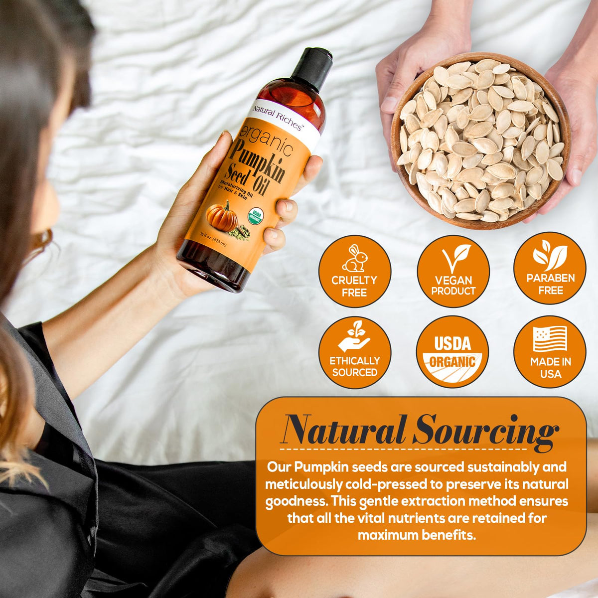 Natural Riches pumpkin seed oil face application hydrates dry skin and improves texture