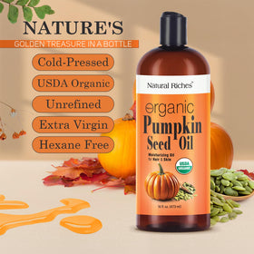 Natural Riches pumpkin seed oil hair care promotes scalp nourishment and shine