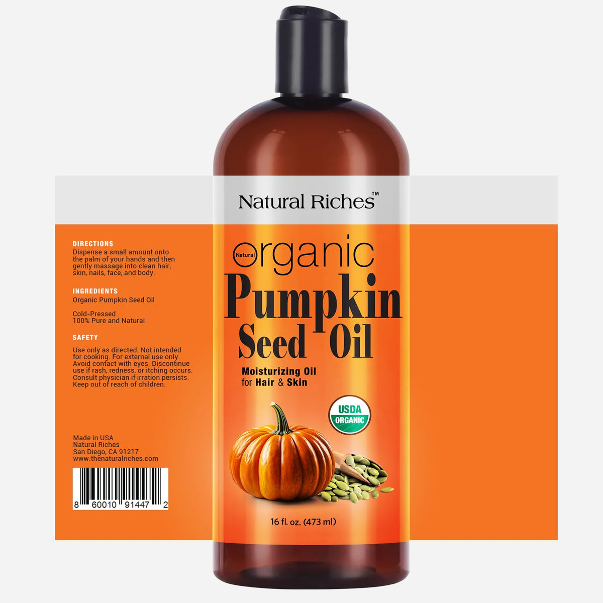 Natural Riches pumpkin seed oil pour highlights cold pressed purity for nourishment