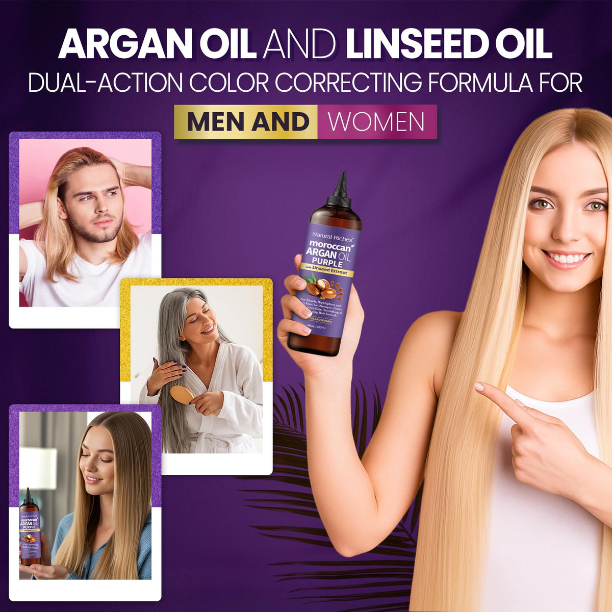 Natural Riches oil applied to blonde and silver hair for manageable texture