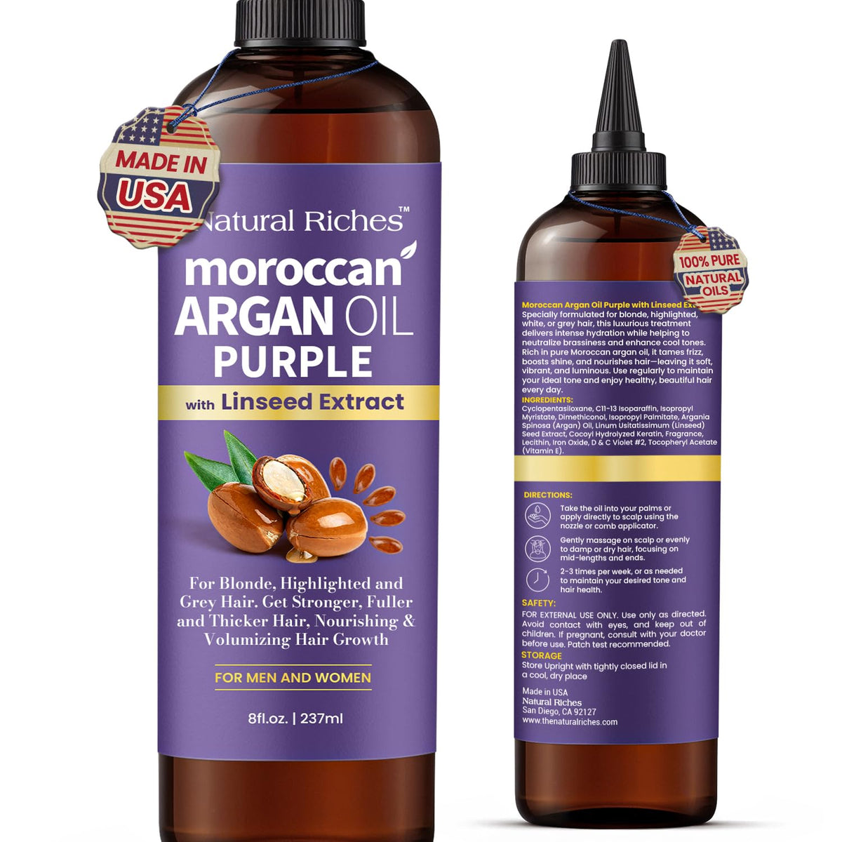 Natural Riches Purple Argan Oil bottle with anti-brass formula for cool blonde tones