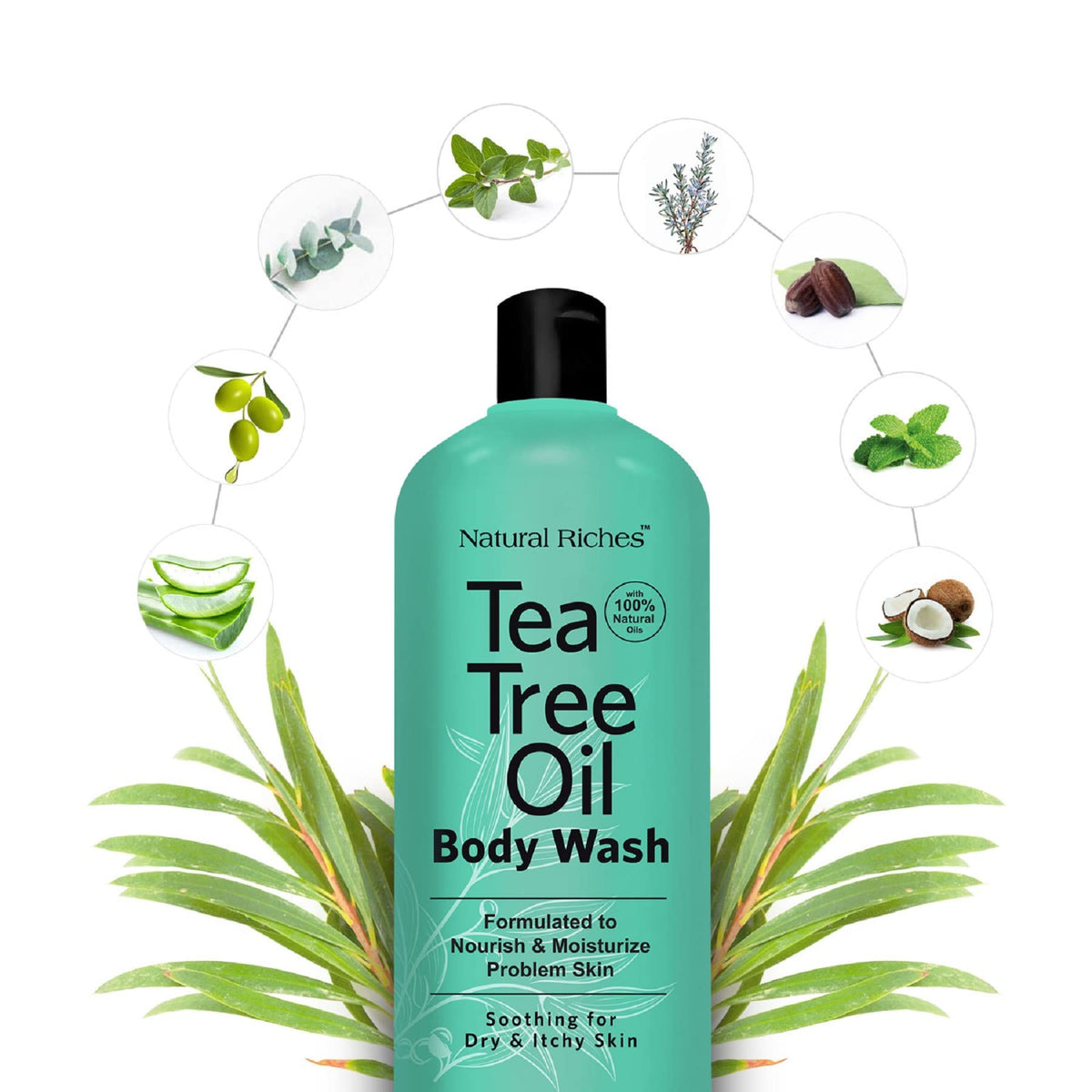 Natural Riches Tea Tree Body Wash bottle closeup highlights natural oils for soft, balanced skin