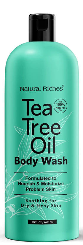 Natural Riches Tea Tree Body Wash bottle front shows premium cleanse for all skin types