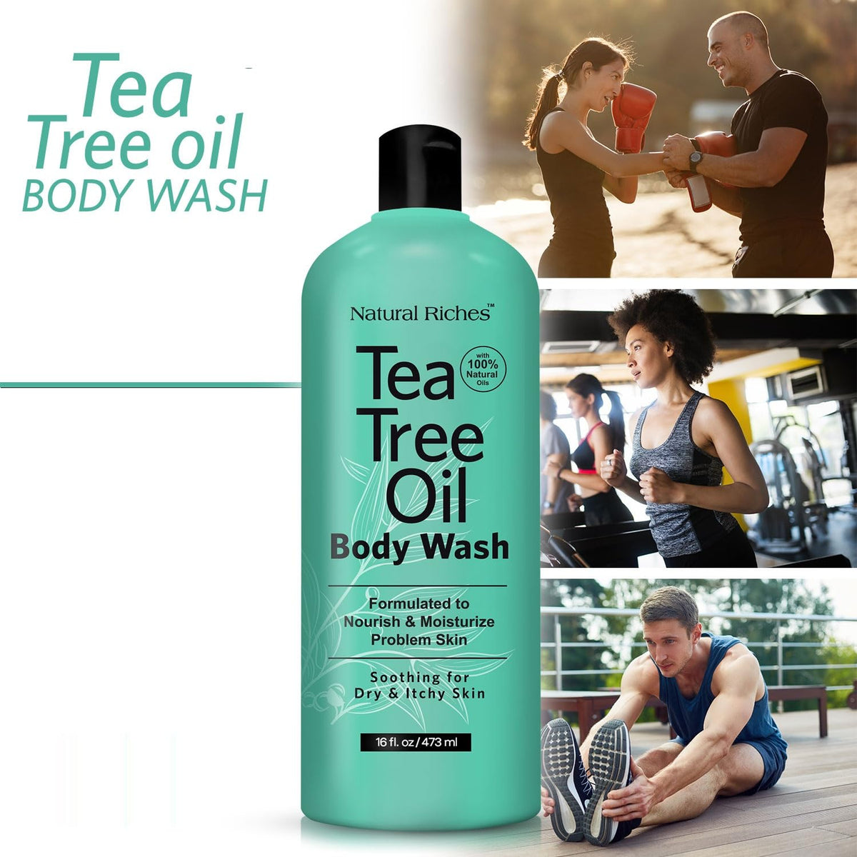 Natural Riches Tea Tree Body Wash ingredients blend includes aloe, tea tree, peppermint, and coconut