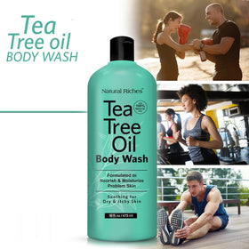 Natural Riches Tea Tree Body Wash ingredients blend includes aloe, tea tree, peppermint, and coconut