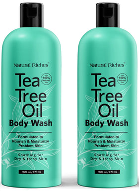 Natural Riches Tea Tree Oil Body Wash bottle with pump for hydrating cleansing