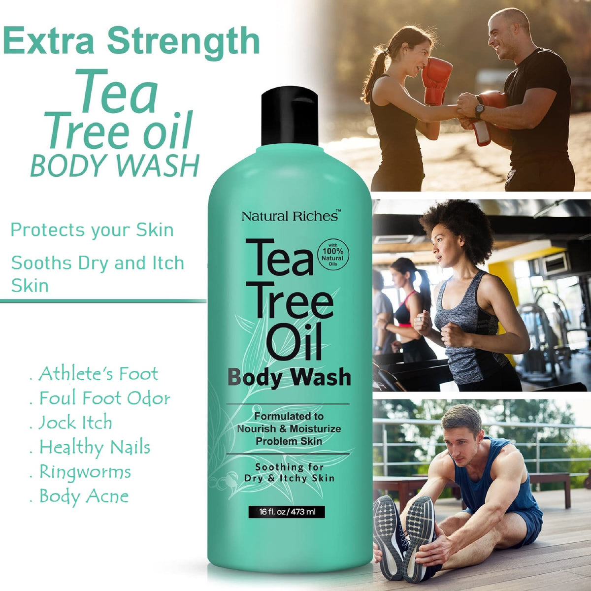 Ingredients close-up showing essential oils in Natural Riches Tea Tree Oil Body Wash