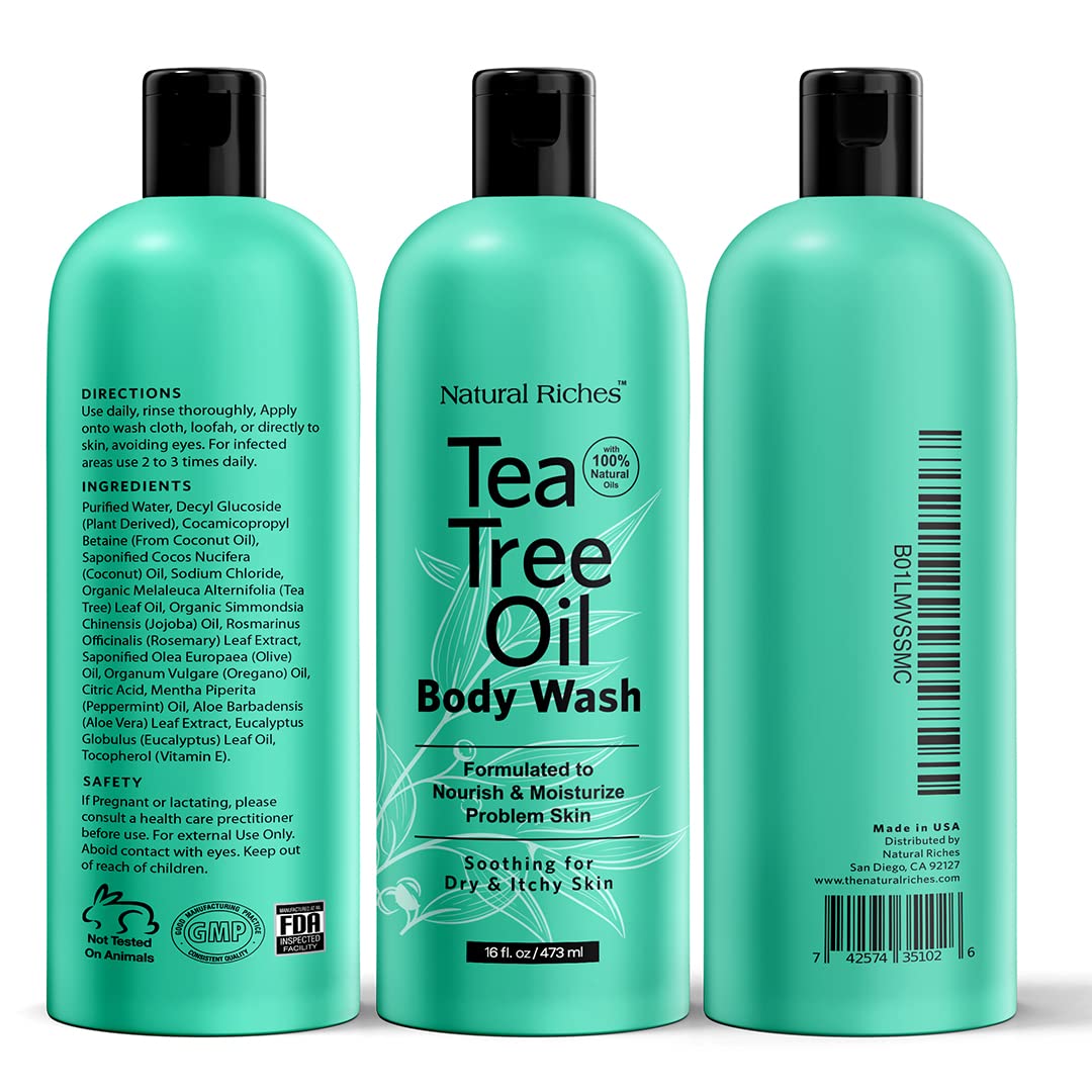 Top-view shot of Natural Riches Tea Tree Oil Body Wash label branding