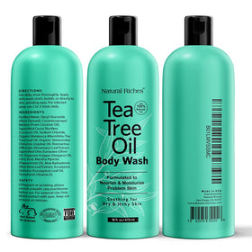 Top-view shot of Natural Riches Tea Tree Oil Body Wash label branding