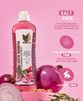 Natural Sant Onion Biotin Rosemary Shampoo hair close-up emphasizes shine and softness.