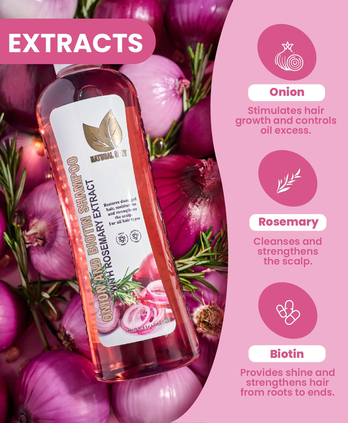 Natural Sant Onion Biotin Rosemary Shampoo ingredients highlight onion and rosemary benefits.