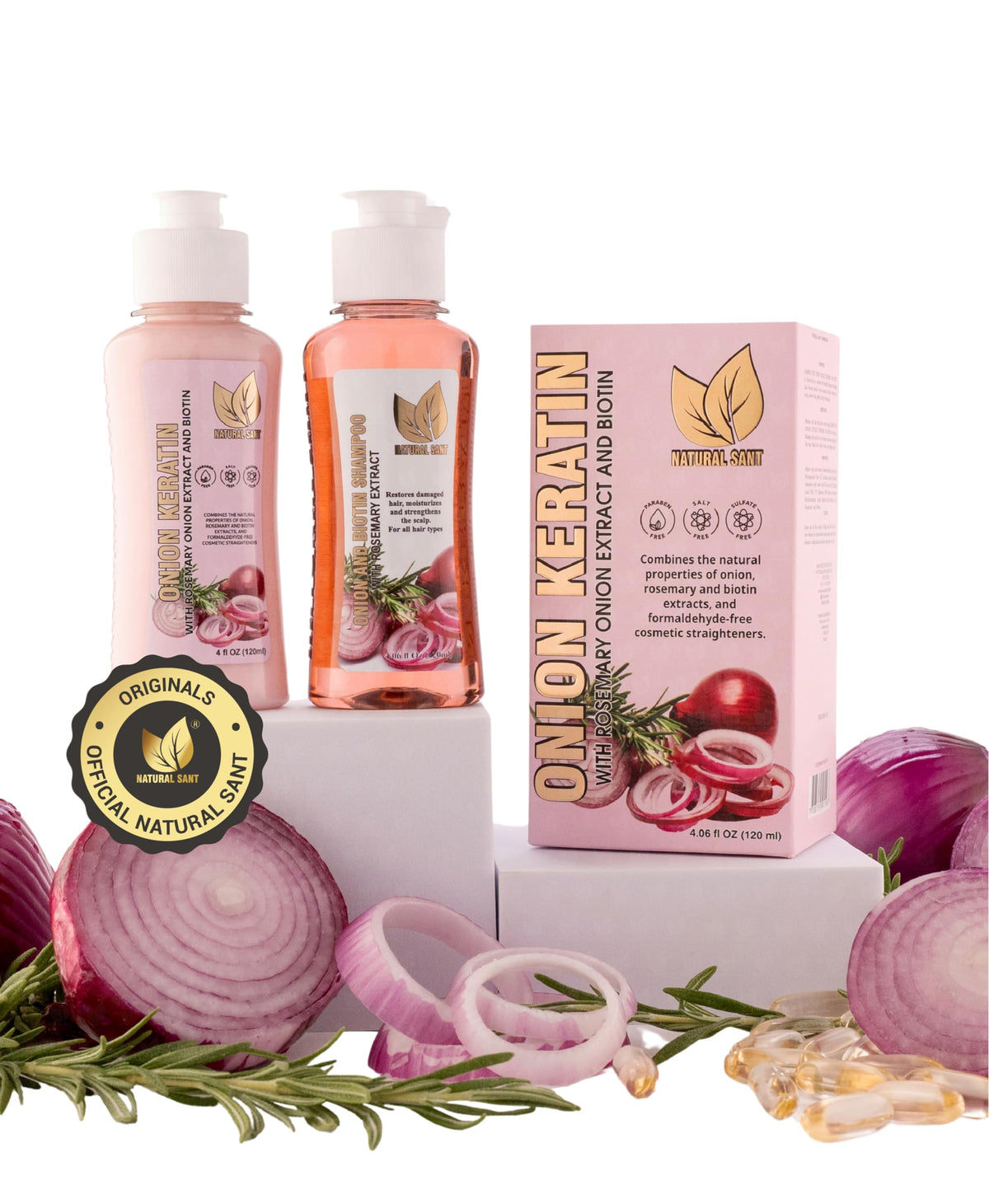 Natural Sant Onion Keratin DuoBox packaging showing premium two-part treatment