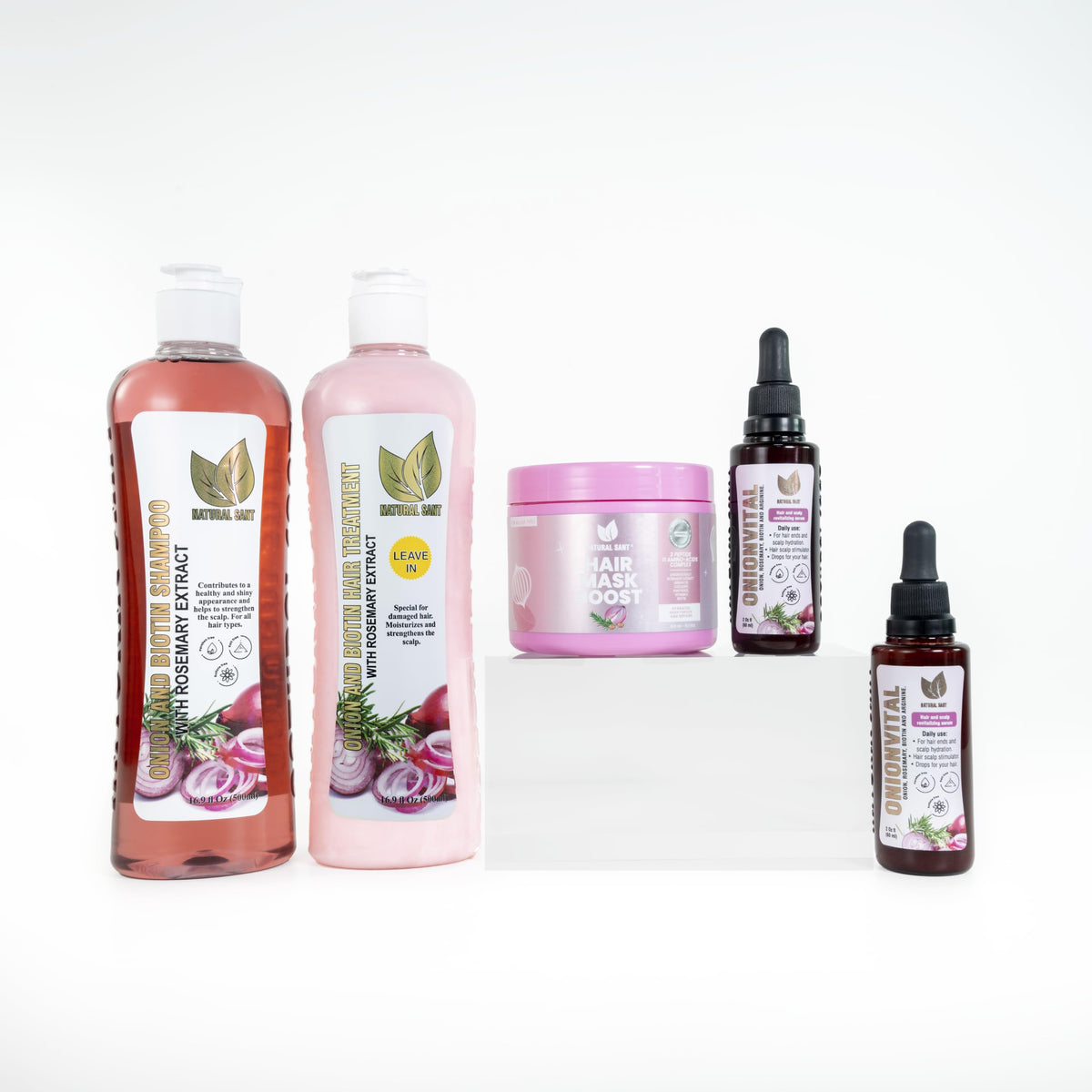 Natural Sant Onion Rosemary Biotin Shampoo bottle for healthier looking strands