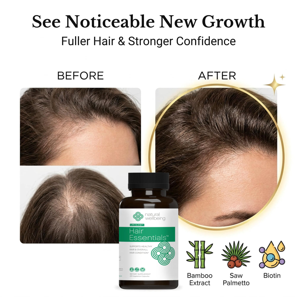 Natural Wellbeing Hair Essentials capsules pour shows easy dosing for ongoing DHT-blocking care