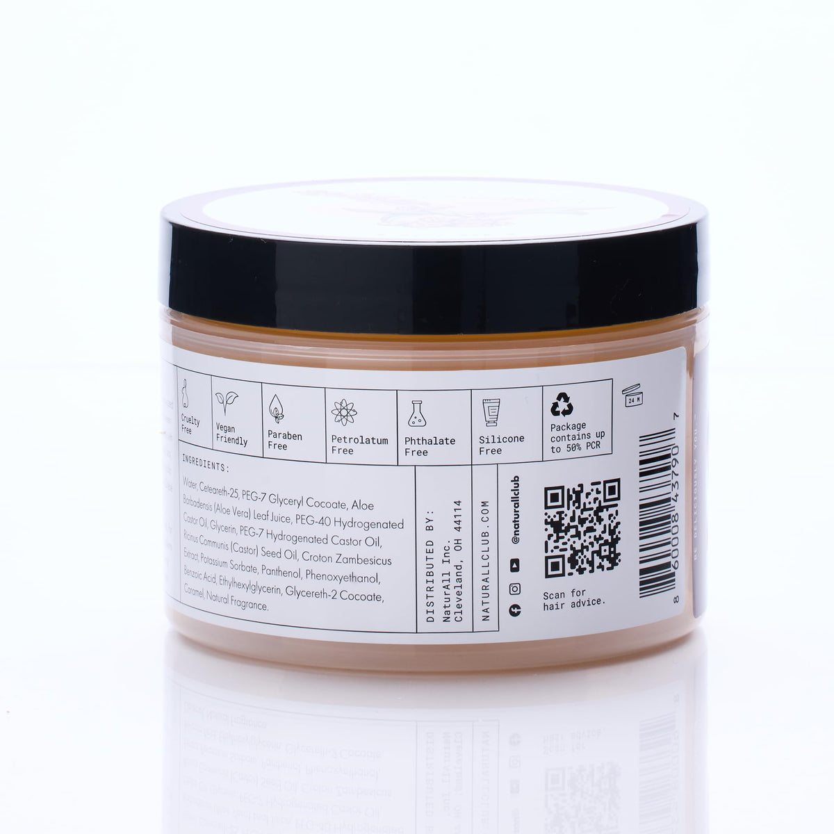 NaturAll bottle with ingredients; natural components support nourished hair.