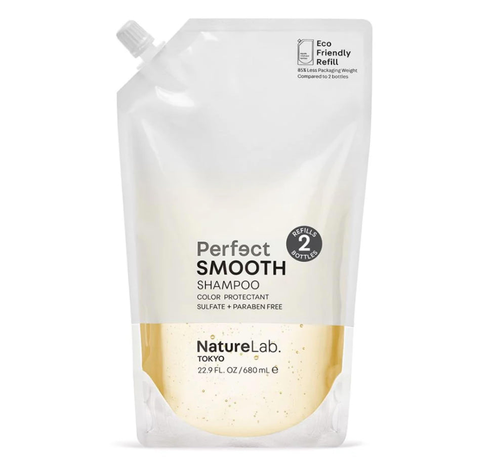 NatureLab TOKYO Perfect Smooth Shampoo refill pouch reducing plastic waste for eco-friendly care