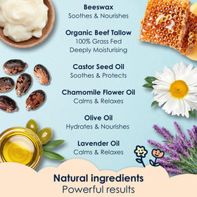 Beeswax and chamomile ingredients highlighted in the formula for natural care.