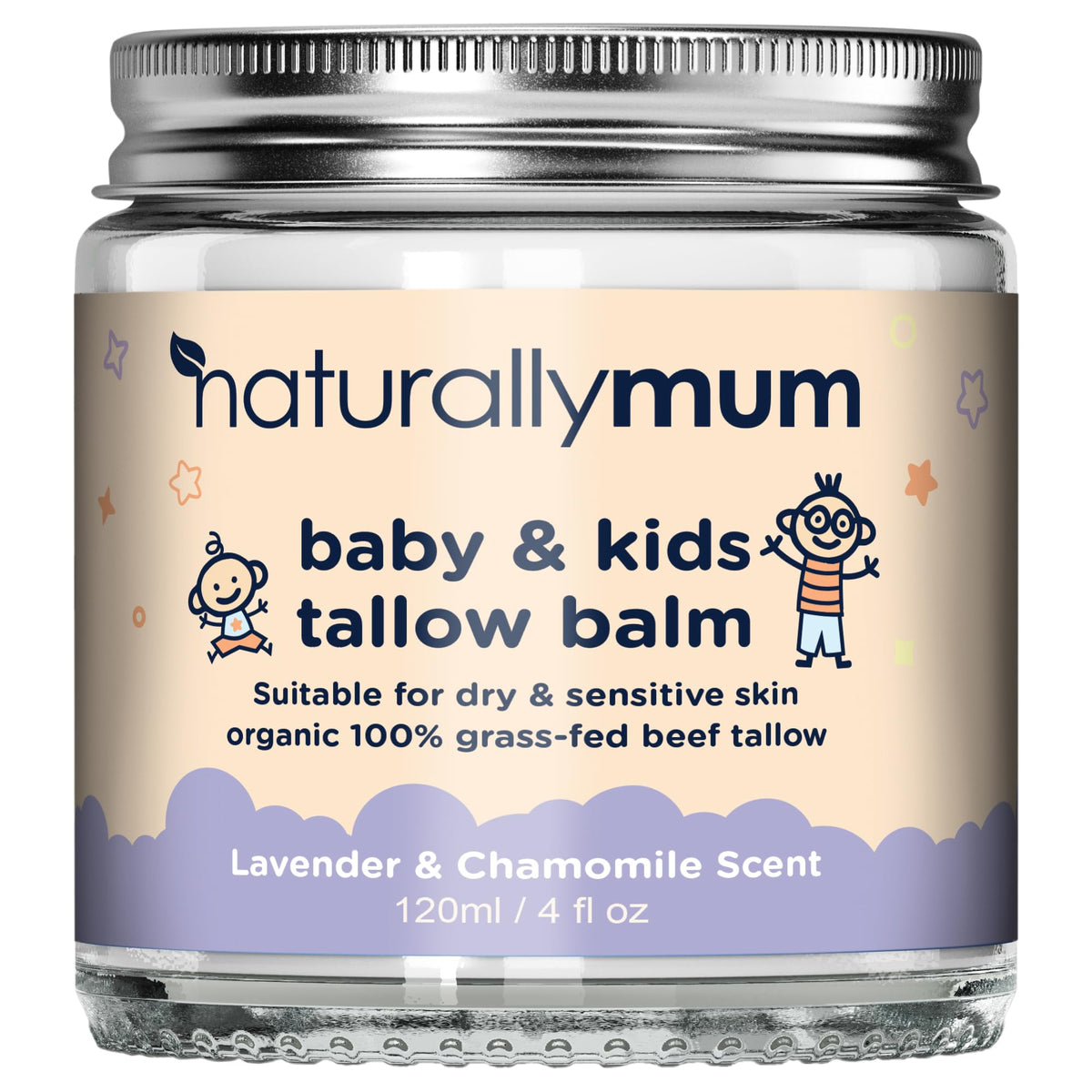 NaturallyMum Baby & Kids Tallow Balm jar close-up, creamy texture for delicate skin.