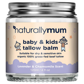 NaturallyMum Baby & Kids Tallow Balm jar close-up, creamy texture for delicate skin.