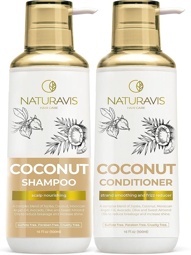NATURAVIS coconut shampoo bottle highlights premium hydration for curly hair.