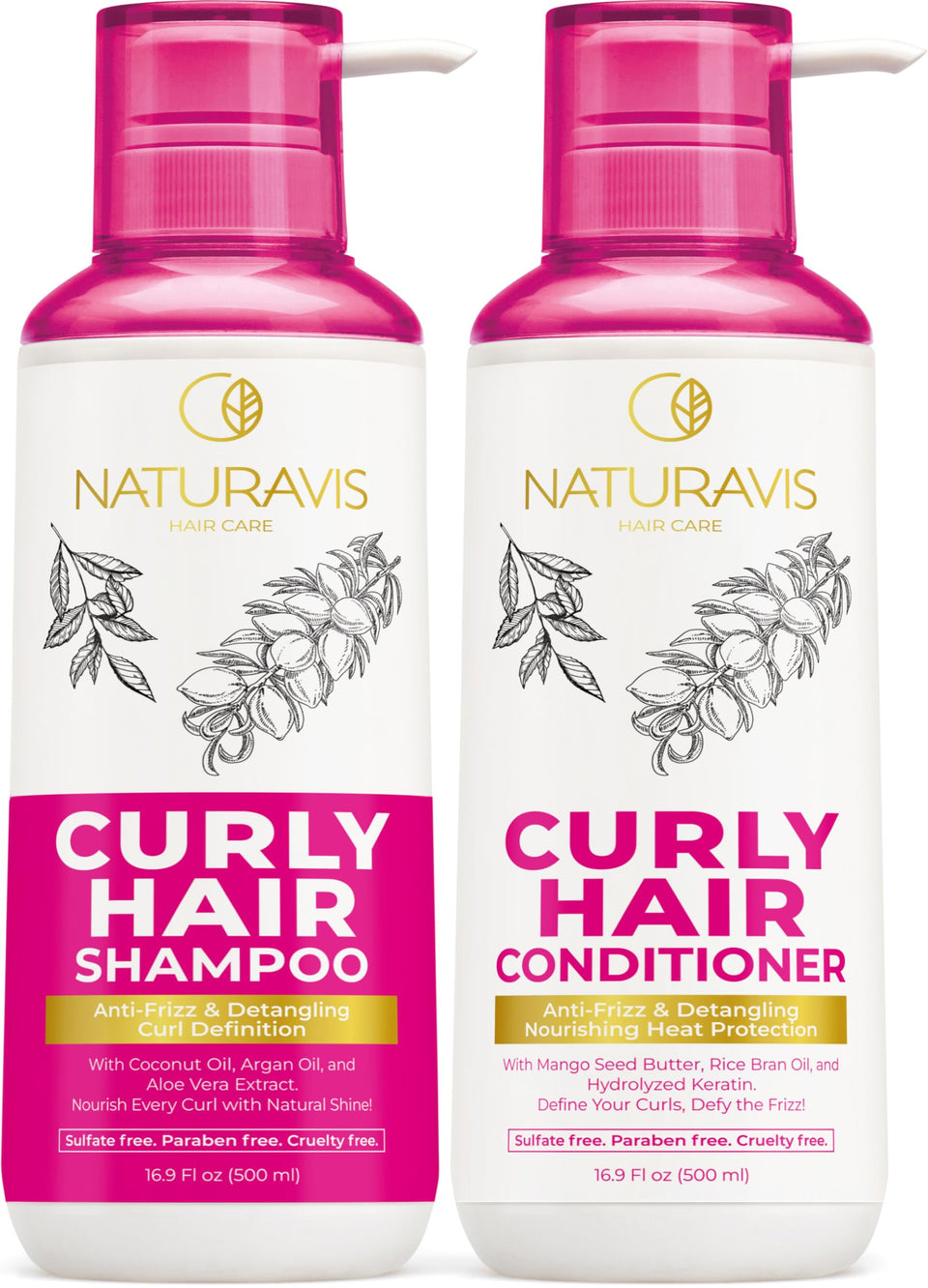 Naturavis Curly Hair Shampoo and Conditioner bottles on a bathroom counter for hydrated curls.