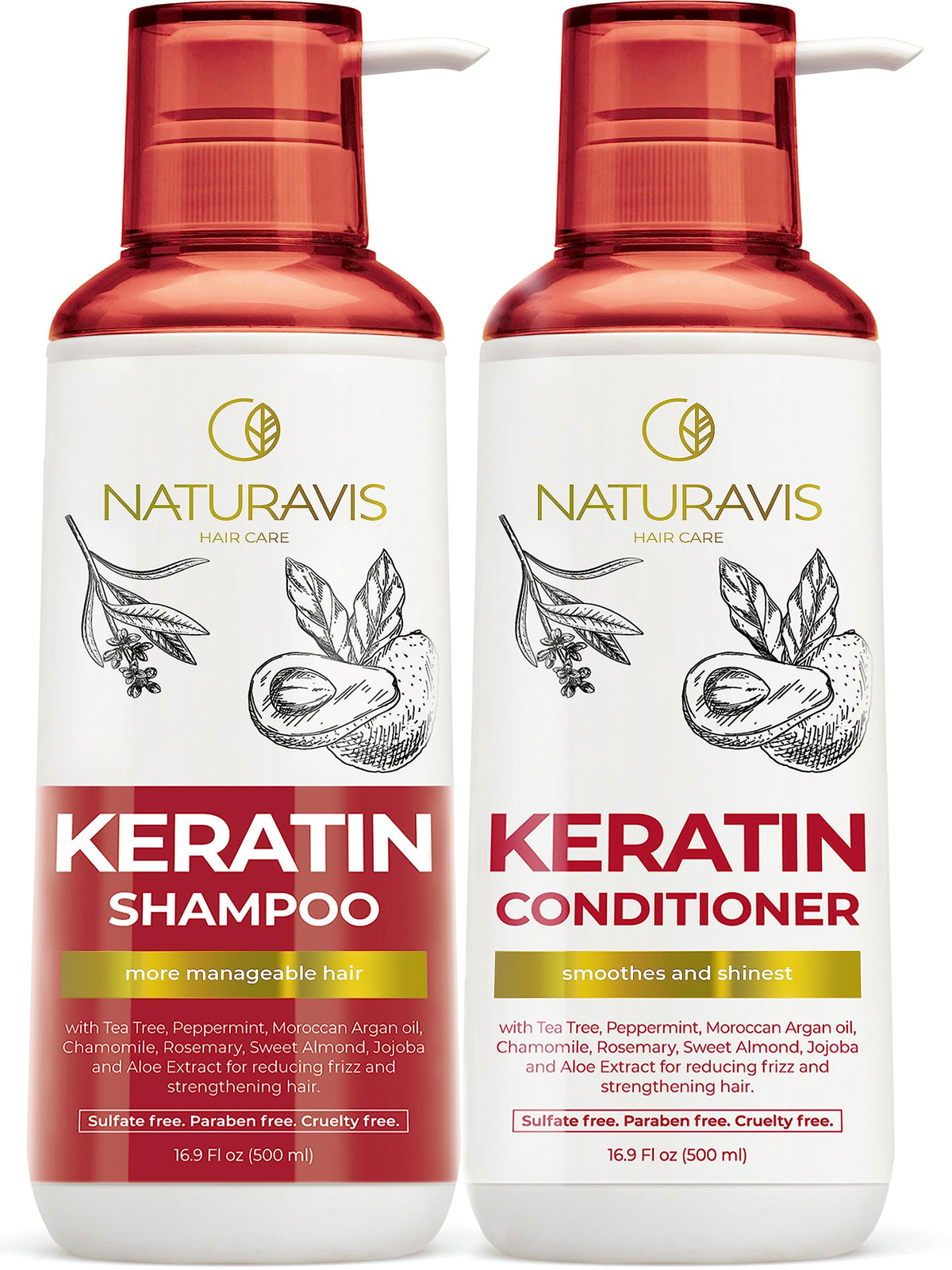 Naturavis Keratin Shampoo bottle promotes silky, frizz-free hair in a refreshing lather.